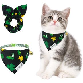 E-Clover Fall Cat Collar-Cat Collars & Matching Scrunchie with Removable Bandana Bell Adjustable for Kitten Kitty Owner Gift Orange Plaid