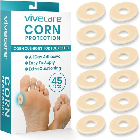 وسادات الذرة من VIVESole للأقدام (45 قطعة) - وسائد الذرة بين أصابع القدم وأسفل القدم - رقع إسفنجية ناعمة لتخفيف الذرة - بطانة دائرية ذاتية اللصق للقدمين، إصبع القدم الكبير، وواقي إصبع القدم الخنصر in Kuwait