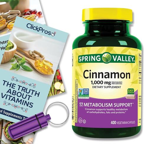 ClickPros Spring Valley Cinnamon 1000mg، 400 قطعة + دليل "الحقيقة حول الفيتامينات" وحاوية حبوب منع الحمل (3 عناصر)! in Kuwait