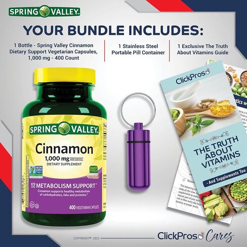 ClickPros Spring Valley Cinnamon 1000mg، 400 قطعة + دليل "الحقيقة حول الفيتامينات" وحاوية حبوب منع الحمل (3 عناصر)! in Kuwait