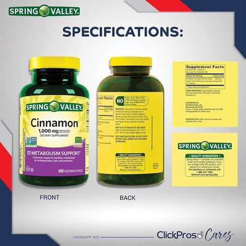 ClickPros Spring Valley Cinnamon 1000mg، 400 قطعة + دليل "الحقيقة حول الفيتامينات" وحاوية حبوب منع الحمل (3 عناصر)! in Kuwait