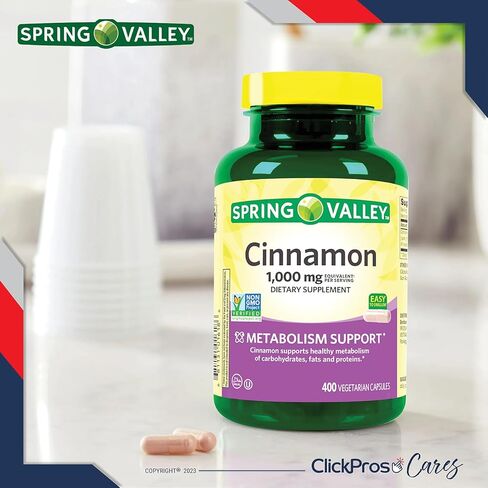 ClickPros Spring Valley Cinnamon 1000mg، 400 قطعة + دليل "الحقيقة حول الفيتامينات" وحاوية حبوب منع الحمل (3 عناصر)! in Kuwait