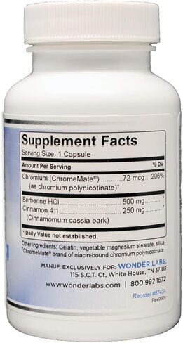 Wonder Laboratories Berberine HCL 500mg + صيانة القرفة والكروم للجلوكوز والتمثيل الغذائي وصحة القلب والجهاز المناعي وخالية من الغلوتين والكائنات المعدلة وراثيًا - 30 كبسولة in Kuwait