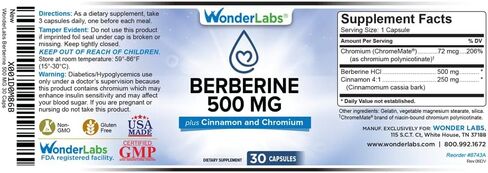 Wonder Laboratories Berberine HCL 500mg + صيانة القرفة والكروم للجلوكوز والتمثيل الغذائي وصحة القلب والجهاز المناعي وخالية من الغلوتين والكائنات المعدلة وراثيًا - 30 كبسولة in Kuwait