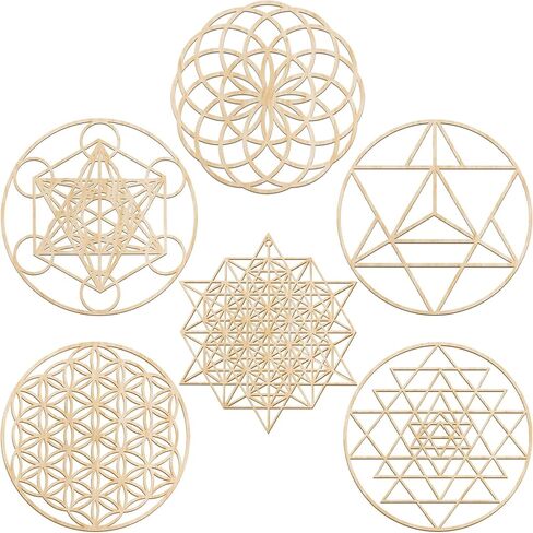 6 Pcs 12 Inch Sacred Geometry Wood Wall Art Set Zen Metatron Cube Home Decor Sri Yantra Merkaba Torus Flower of Life Wall Hanging Sculpture Wooden Crystal Grid Board Pagan Decor 7 Chakra Wall Decor in Saudi Arabia