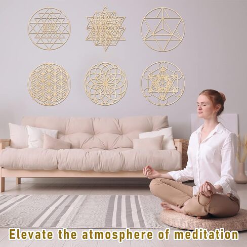 6 Pcs 12 Inch Sacred Geometry Wood Wall Art Set Zen Metatron Cube Home Decor Sri Yantra Merkaba Torus Flower of Life Wall Hanging Sculpture Wooden Crystal Grid Board Pagan Decor 7 Chakra Wall Decor in Saudi Arabia