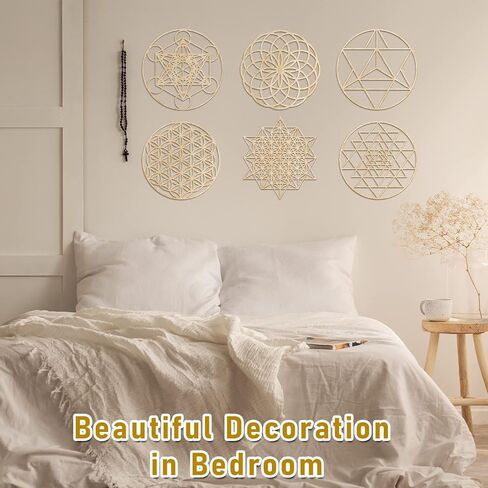 6 Pcs 12 Inch Sacred Geometry Wood Wall Art Set Zen Metatron Cube Home Decor Sri Yantra Merkaba Torus Flower of Life Wall Hanging Sculpture Wooden Crystal Grid Board Pagan Decor 7 Chakra Wall Decor in Saudi Arabia