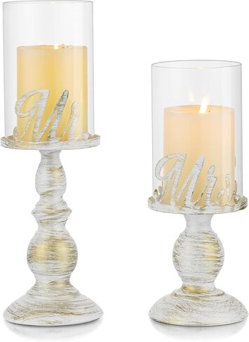 Sziqiqi Pillar Candle Holders for Mr Mrs Bride Groom Wedding Table Centerpiece - Glass Hurricane Candle Holders for Pillars Disstressed Metal Candles Gifts for Couples Engagement Weddings in Saudi Arabia