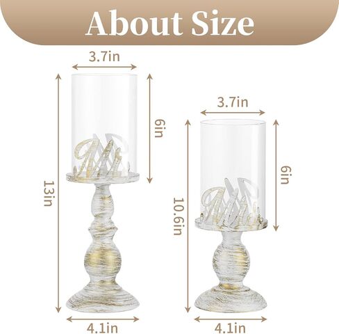 Sziqiqi Pillar Candle Holders for Mr Mrs Bride Groom Wedding Table Centerpiece - Glass Hurricane Candle Holders for Pillars Disstressed Metal Candles Gifts for Couples Engagement Weddings in Saudi Arabia