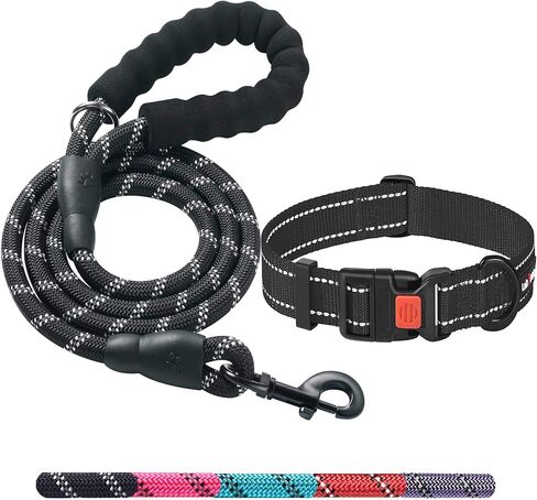 Ladoogo Heavy Duty Dog Leash - Comfortable Padded Handle, 5 ft Long - Dog Leashes for Small Medium Large Dogs (Leash+Collar M Neck 16"-20", Black) in Saudi Arabia