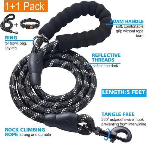 Ladoogo Heavy Duty Dog Leash - Comfortable Padded Handle, 5 ft Long - Dog Leashes for Small Medium Large Dogs (Leash+Collar M Neck 16"-20", Black) in Saudi Arabia