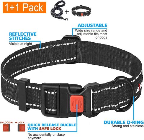 Ladoogo Heavy Duty Dog Leash - Comfortable Padded Handle, 5 ft Long - Dog Leashes for Small Medium Large Dogs (Leash+Collar M Neck 16"-20", Black) in Saudi Arabia