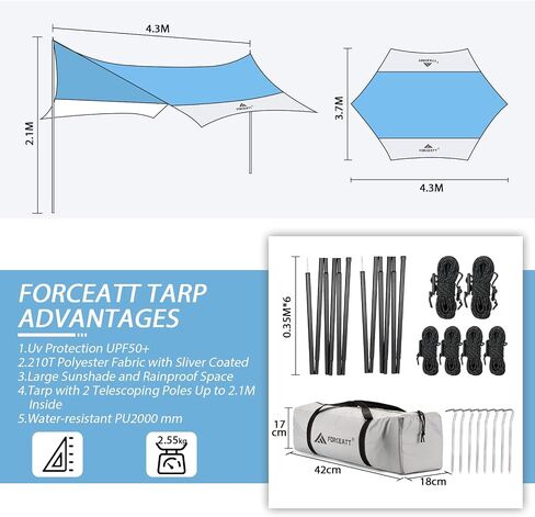 Forceatt 12x14FT Waterproof Camping Tarp with 2 Poles, Sun Shelter for Car, Tent, Hammock in Camping, Hiking, Backpacking, Garden and Traveling in Kuwait