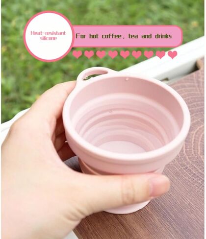 Reusable Foldable Silicone Water Cup, Portable Picnic Snacks Cup, Pocket Size Travel Cup Extensible, Collapsible Cups with Lid for Camping, Travel (Pink with Hook) in Saudi Arabia