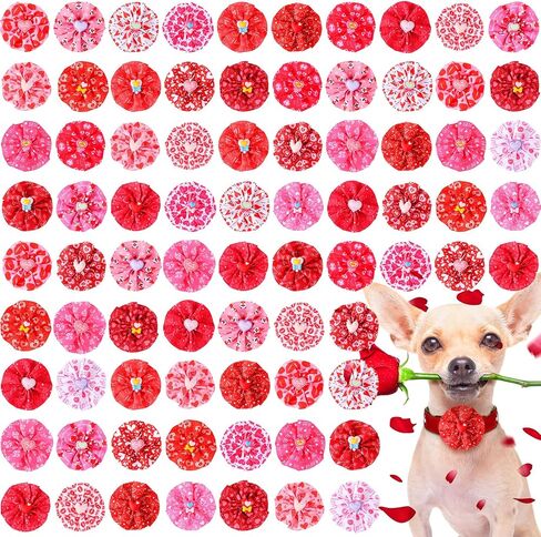 Sanwuta 80 Pieces Valentines Day Dog Collar Charms Heart Print Dog Bows Collar Collar Flower Bow Ties for Small Medium Large Dogs Cats Valentines Party Decoration Costume Supplies in Saudi Arabia