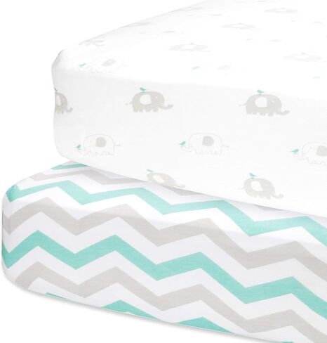 Cuddly Cubs 2 Pack Jersey Cotton Crib Mattress Sheets for Baby Boy, Girl - Grey Stripes, Sheep Toddler Bed Sheets - Fits Standard 28 x 52" Crib and Toddler Mattress in Saudi Arabia