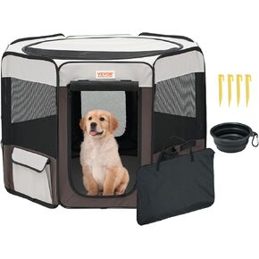 VEVOR Portable Foldable Pet Playpen, 44x44x24'' Dog Cat Play Pen + Free Carrying Case + Collapsible Travel Bowl, Indoor/Outdoor Dogs Cats Kennel for Puppies with Water-Resistant 600D Oxford Cloth
