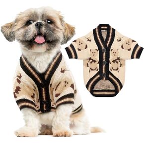 Small Dog Sweaters Cute Bear Dog Cardigans Clothes for Small Medium Dogs Boy Girl Puppy Cat Knitting Cardigan Outfits Dog Winter Coats Warm Pet Dog Clothes Soft Knitwear Apparel (Beige,S)