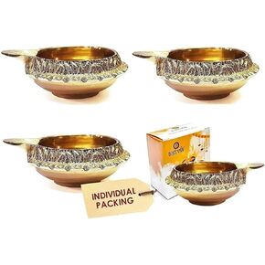 SATVIK 10 pc Indian Pooja Kuber Diya for Diwali Decoration. Handmade Oil Lamp with Golden Engraved Made of Brass Metal. Vilakku for Puja Pooja. Traditional Indian Deepawali Housewarming Gift Items