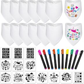 Jutom 38 Pcs White Bibs for Baby Decorating Sets Includes 14 DIY White Bibs 10 Fabric Paint Markers 14 Stencils, 2 Ply Cotton Plain Baby Shower Game Gifts for Boys Girls Gender Reveal Party in Kuwait