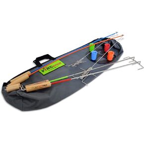 FIREBUGGZ Family Fun Pak Marshmallow and Weiner Roasting Sticks. Set includes 2-Fire Fishing Poles, 2-Crank Eez Campfire Roasters, Roaster Holder, and Carry Bag