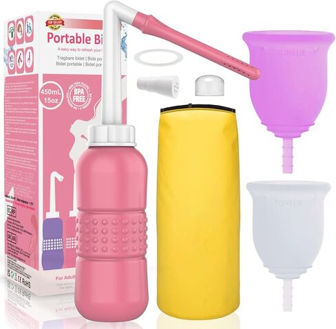 2PCS-Pack Peri Bottle for Postpartum Essentials, Feminine Care 450ml Postpartum Perineal Cleansing 15oz Portable Bidet Travel Bidet with Waterproof Storage Bag (Pink+Blue) in Saudi Arabia