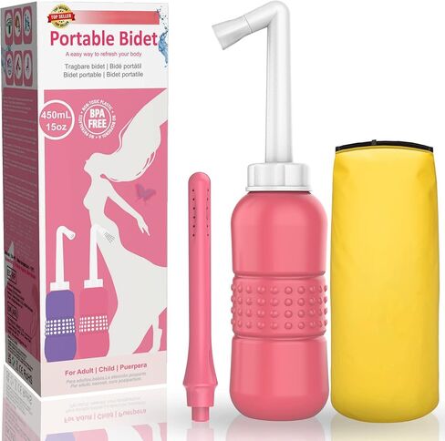 2PCS-Pack Peri Bottle for Postpartum Essentials, Feminine Care 450ml Postpartum Perineal Cleansing 15oz Portable Bidet Travel Bidet with Waterproof Storage Bag (Pink+Blue) in Kuwait