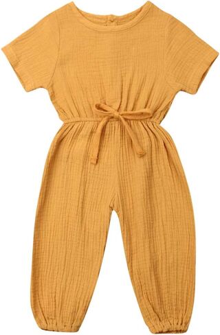 Mubineo Toddler Baby Girl Summer Fall Basic Plain Short Sleeve Cotton Linen Drawstring Romper Jumpsuit in Saudi Arabia