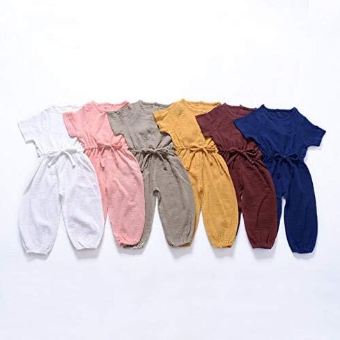 Mubineo Toddler Baby Girl Summer Fall Basic Plain Short Sleeve Cotton Linen Drawstring Romper Jumpsuit in Saudi Arabia