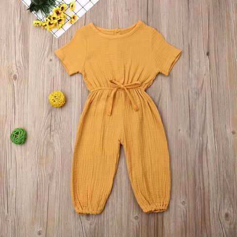 Mubineo Toddler Baby Girl Summer Fall Basic Plain Short Sleeve Cotton Linen Drawstring Romper Jumpsuit in Saudi Arabia
