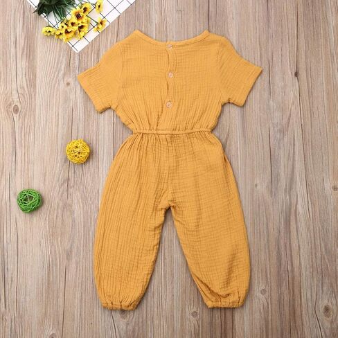 Mubineo Toddler Baby Girl Summer Fall Basic Plain Short Sleeve Cotton Linen Drawstring Romper Jumpsuit in Saudi Arabia