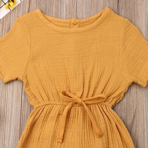Mubineo Toddler Baby Girl Summer Fall Basic Plain Short Sleeve Cotton Linen Drawstring Romper Jumpsuit in Saudi Arabia