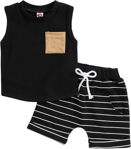 Kupretty Toddler Baby Boy Clothes Sleeveless Shirts Shorts Set | 3 6 12 18 24 Month 2T 3T Baby Boys Clothing Set Color Block Tank Tops & Matching Shorts Set Summer Outfits Beach in Saudi Arabia