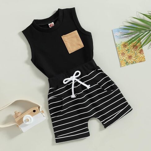 Kupretty Toddler Baby Boy Clothes Sleeveless Shirts Shorts Set | 3 6 12 18 24 Month 2T 3T Baby Boys Clothing Set Color Block Tank Tops & Matching Shorts Set Summer Outfits Beach in Saudi Arabia