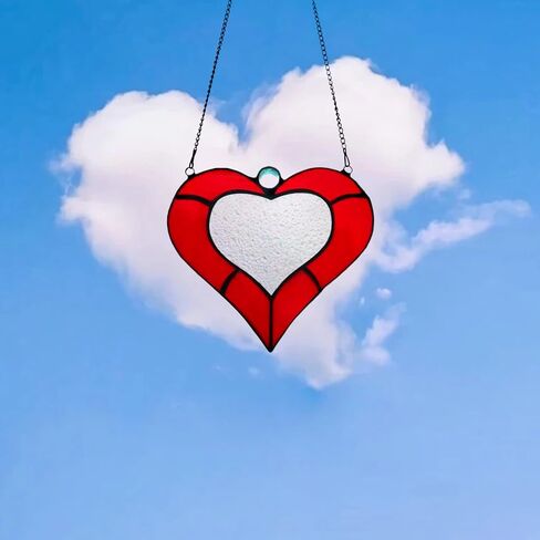 كارهويموي معلقة نافذة زجاجية ملونة على شكل قلب احمر جميل، نمط تيفاني من الزجاج الملون على شكل قلب للوحة النافذة لتزيين المنزل in Kuwait