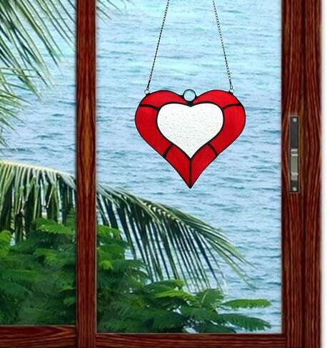 كارهويموي معلقة نافذة زجاجية ملونة على شكل قلب احمر جميل، نمط تيفاني من الزجاج الملون على شكل قلب للوحة النافذة لتزيين المنزل in Kuwait