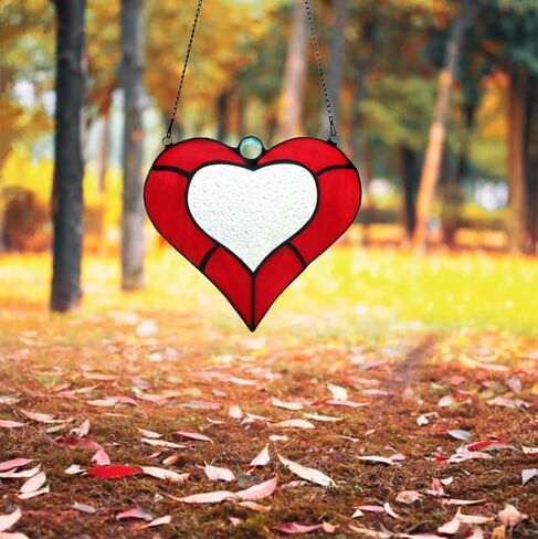 كارهويموي معلقة نافذة زجاجية ملونة على شكل قلب احمر جميل، نمط تيفاني من الزجاج الملون على شكل قلب للوحة النافذة لتزيين المنزل in Kuwait