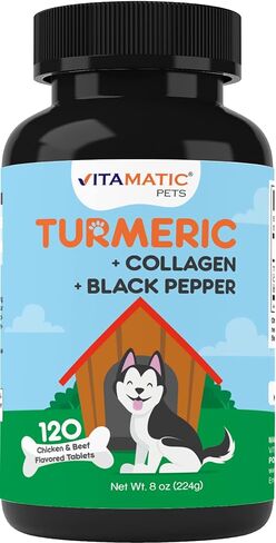 Vitamatic Turmeric for Dogs Anti Inflammatory Pain Relief - 120 Chewable Tablets - Hip & Joint Support Anti Inflammatory for Dogs with Curcumin, Collagen & Black Pepper in Saudi Arabia