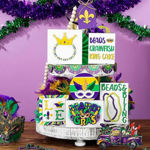 Huwena Carnival Tiered Tray Decor Carnival Mask Crown Wood Sign Tiered Tray Carnival Decor Set Carnival Decorative Trays for Carnival Table Holiday Kitchen Wall Holiday Decorations in Kuwait