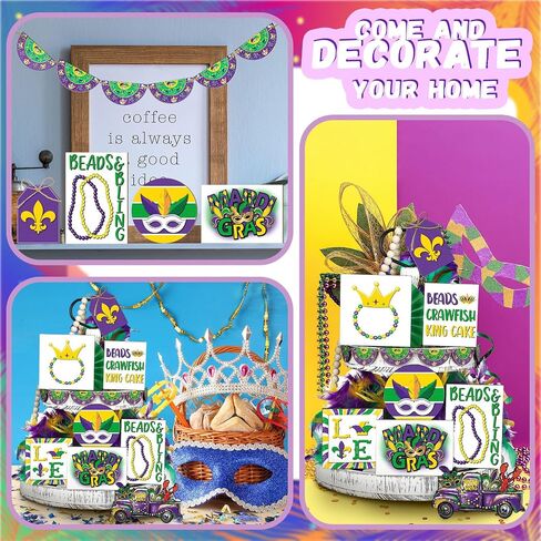Huwena Carnival Tiered Tray Decor Carnival Mask Crown Wood Sign Tiered Tray Carnival Decor Set Carnival Decorative Trays for Carnival Table Holiday Kitchen Wall Holiday Decorations in Kuwait