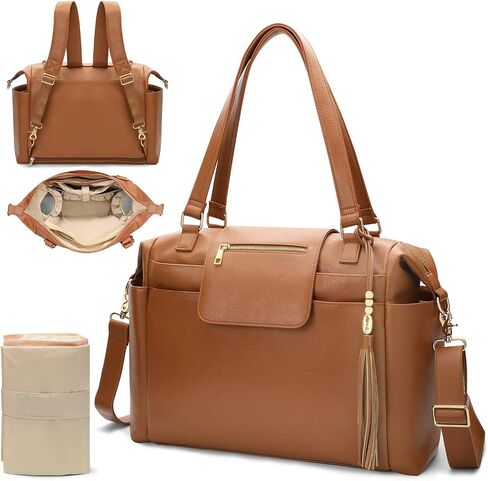 Omanmoli Diaper Bag Tote Leather Diaper Bag Purse Backpack Large Baby Bag | 14 Diaper Bag Organizing Pouches,Changing Pad,Crossbody Strap,4 Insulated Pockets,3 Wearable Ways,Convertible,Brown in Saudi Arabia