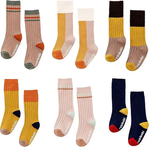 جوارب JUNOAI للأطفال الصغار للركبة عالية مضادة للانزلاق من القطن مع مقابض للفتيات والفتيان 6 أزواج من 0 إلى 3 سنوات in Kuwait