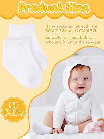 50 Pairs Baby Low Cut Stretch Socks Cotton Ankle Socks Unisex Baby Socks Lightweight Infant Socks for Newborn Toddler Boys Girls, White, 6 Months in Saudi Arabia
