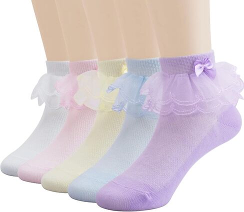 Baby Girls Eyelet Frilly Lace Socks Toddler Girl Cotton Princess Ruffles Socks with Bowknot Pack of 5 in Saudi Arabia