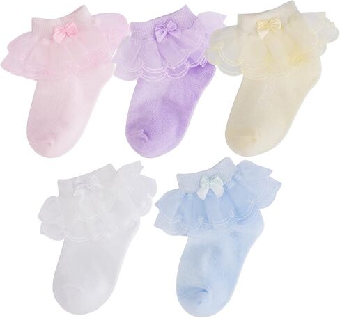 Baby Girls Eyelet Frilly Lace Socks Toddler Girl Cotton Princess Ruffles Socks with Bowknot Pack of 5 in Saudi Arabia