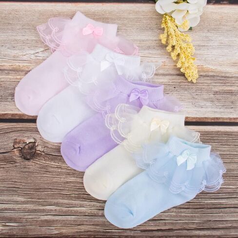 Baby Girls Eyelet Frilly Lace Socks Toddler Girl Cotton Princess Ruffles Socks with Bowknot Pack of 5 in Saudi Arabia
