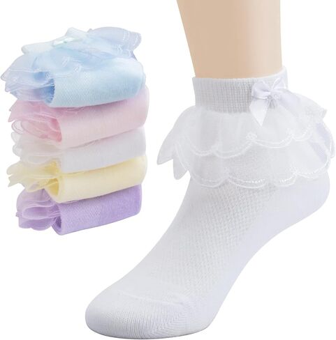 Baby Girls Eyelet Frilly Lace Socks Toddler Girl Cotton Princess Ruffles Socks with Bowknot Pack of 5 in Saudi Arabia