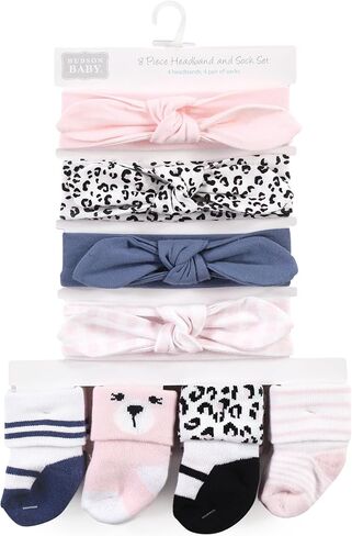 Hudson Baby Baby Girls' Hudson Baby Infant Girl Headband and Socks Set, Bear Leopard, 0-9 Months in Saudi Arabia