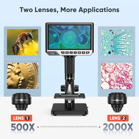 مجهر رقمي Elikliv EDM11S LCD مع جهاز تحكم عن بعد - مجهر بيولوجي 2000X للبالغين مع عدسات رقمية وميكروبية، شاشة IPS مقاس 7 بوصات، 10 مصابيح LED، دقة 12 ميجابكسل، متوافق مع نظام التشغيل Windows/Mac in Kuwait