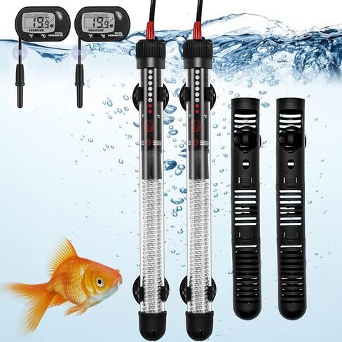 2 Pack 300W Submersible Aquarium Heater, Adjustable Temperature Fish Tank Heater with Thermometer, Protective Case and Suction Cup for 40-90 Gallon Saltwater Freshwater Fish Tank, Turtle Tank in Kuwait